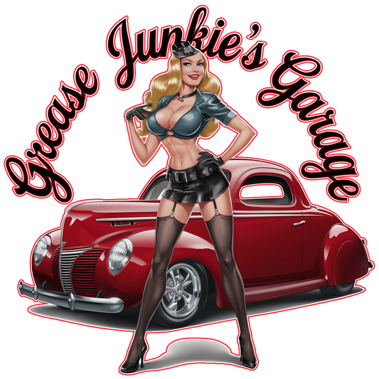 "Grease Junkie's Garage - 40 Ford Coupe w/ Pinup