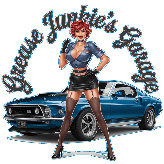 "Grease Junkie's Garage" '69 Mustang w/Pinup
