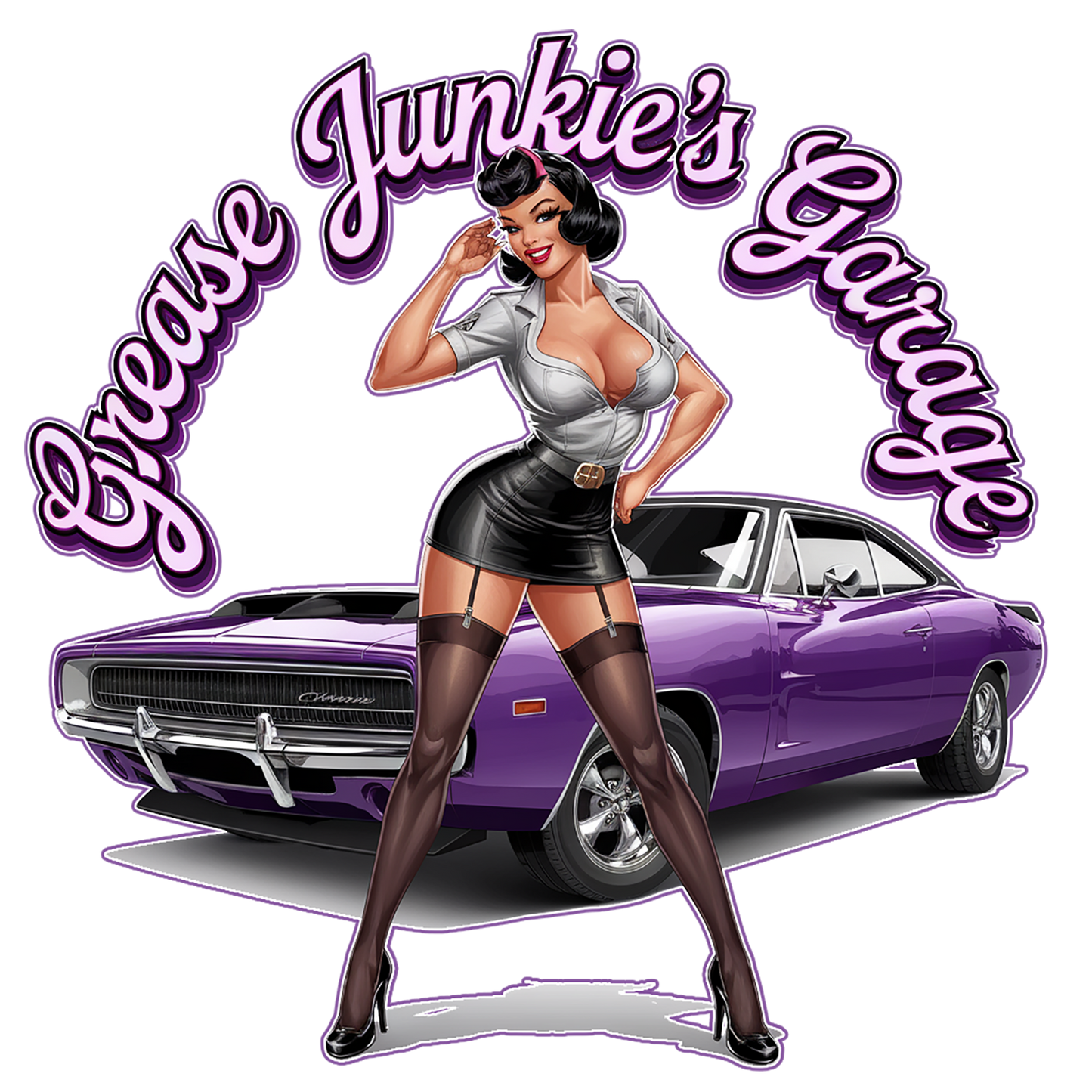 "Grease Junkie's Garage - '69 Charger w/Pinup