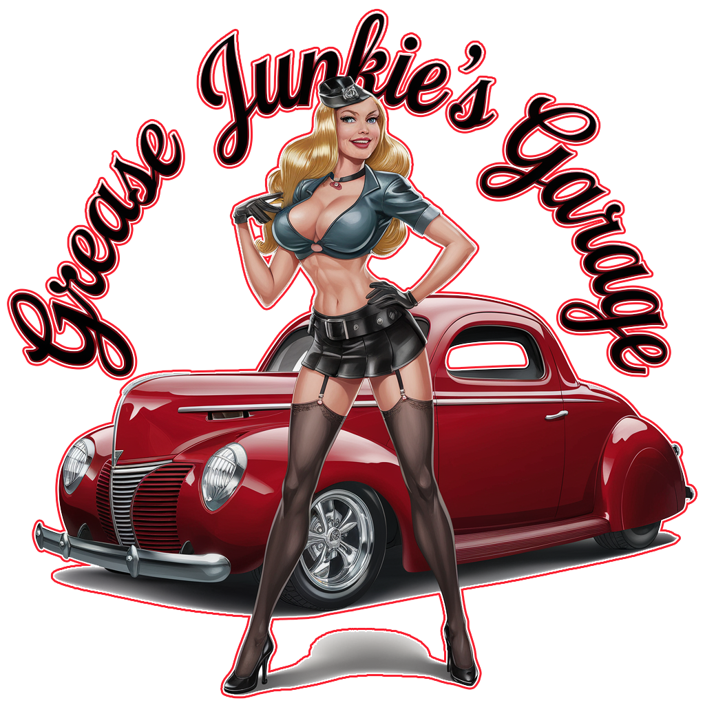 "Grease Junkie's Garage - 40 Ford Coupe w/ Pinup